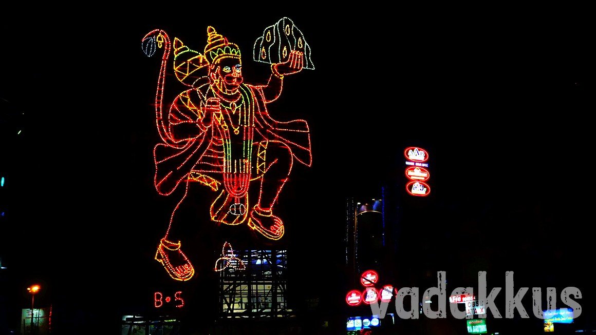 A portrait of Hanuman Swamy made using illumination lights in Bangalore