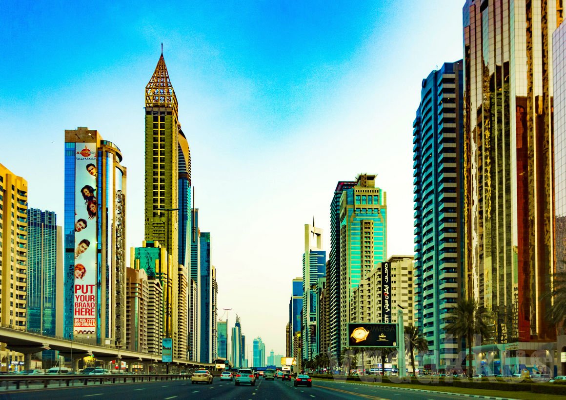 Photo of the towers lining Dubai's glittering new financial district on the Sheikh Zayed Road.