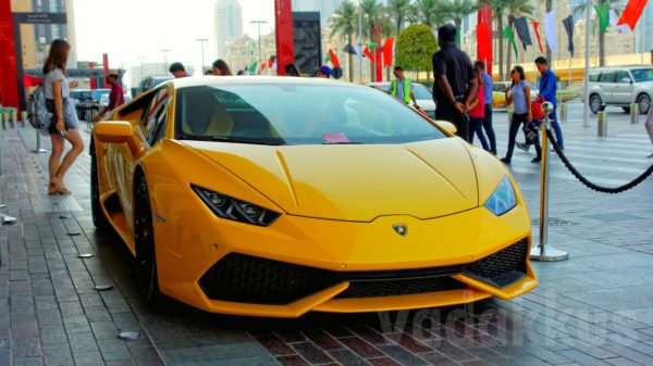 A yellow Lamborghini Huracan seen in Dubai