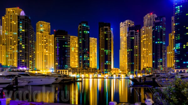 Night time skyline of the Dubai Marina and Jumeriah Beach Residence Towers