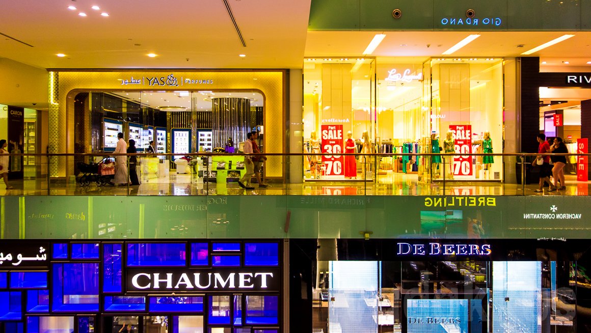 A split level view of shops inside the Dubai Mall