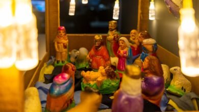 Small cute Christmas crib funky lights bokeh