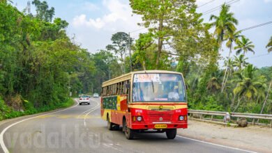 KSRTC Fast Passenger bus climbing hilly winding MC road Aaroor top Meenkunnam Kerala