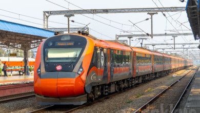 Photo of Vande Bharat Express train in Kerala showing train no 20632 from Trivandrum to Mangalore in the evening passing Kochuveli TVCN railway station at speed